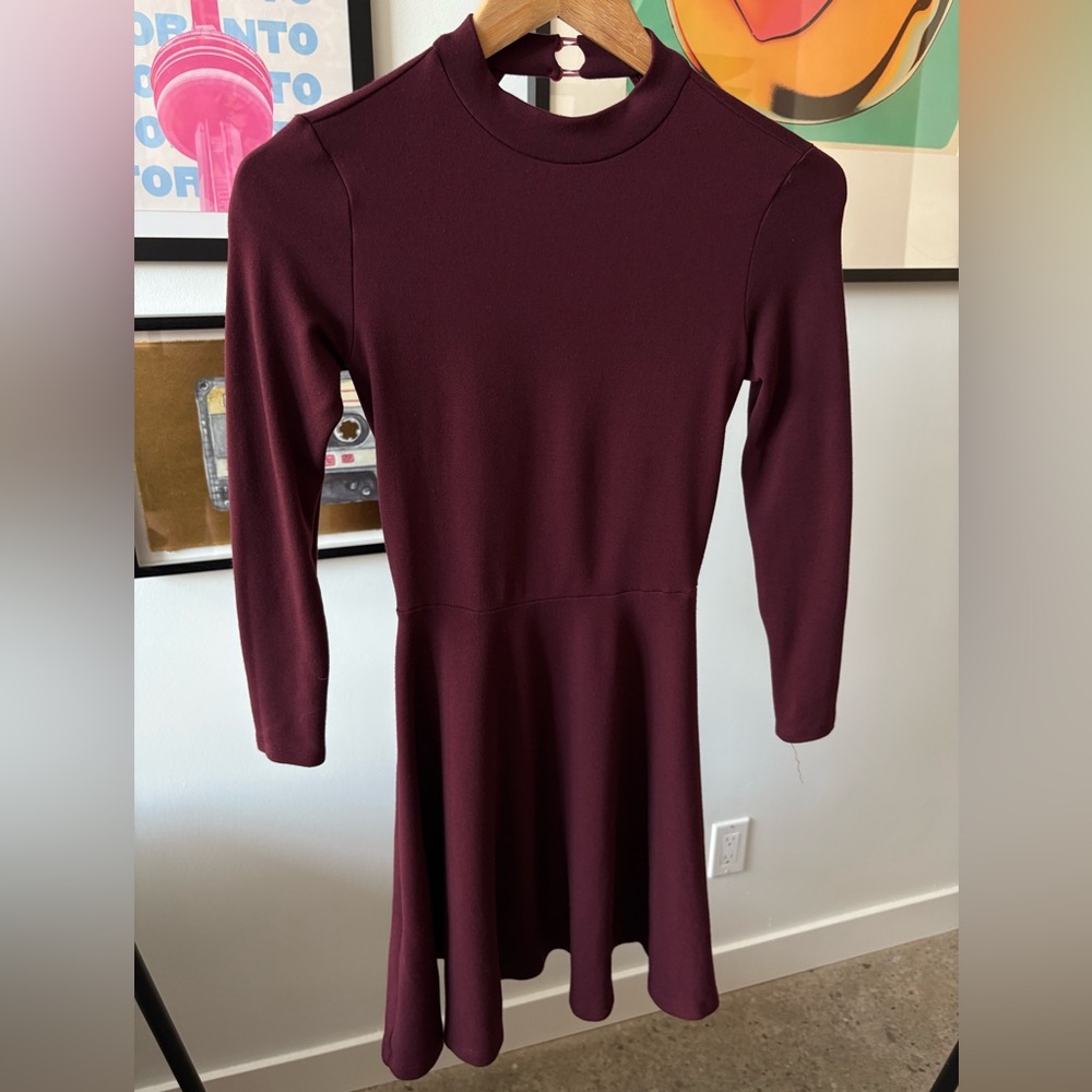 American Apparel Mock Neck Skater Dress Cut Out Open Back Merlot S Made in USA